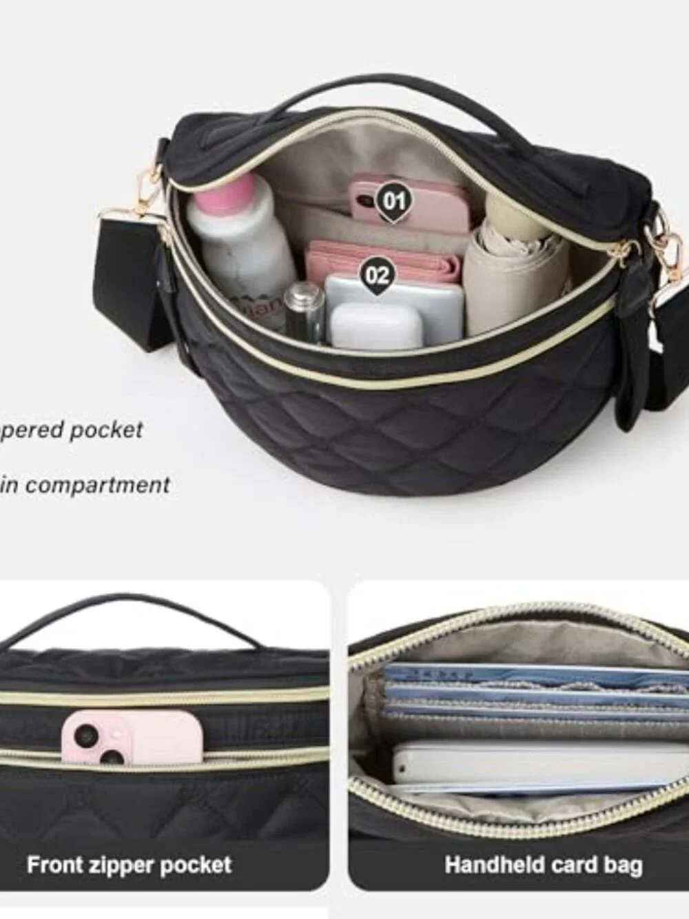 Quilted Crossbody Bag with RFID Blocking Detachable Pouch Waterproof Nylon
